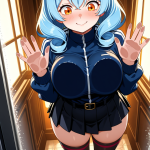 【エロ画像】青髪セミロング巨乳×ガラスおっぱい押し付け_AI_アニメエロ画像