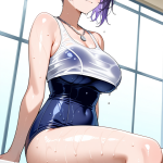 【エロ画像】黒紫グラデーションショート巨乳×スクール水着_AI_アニメエロ画像