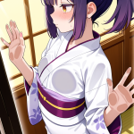 【エロ画像】紫髪ポニーテール貧乳×ガラスおっぱい押し付け_AI_アニメエロ画像