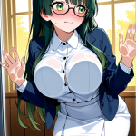 【エロ画像】緑髪セミロング巨乳×ガラスおっぱい押し付け_AI_アニメエロ画像