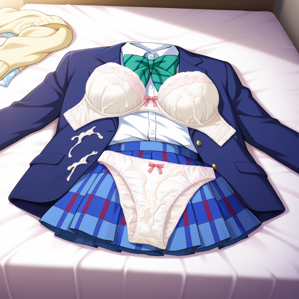 【画像】アニメキャラの制服と下着にぶっかけ・・・♥